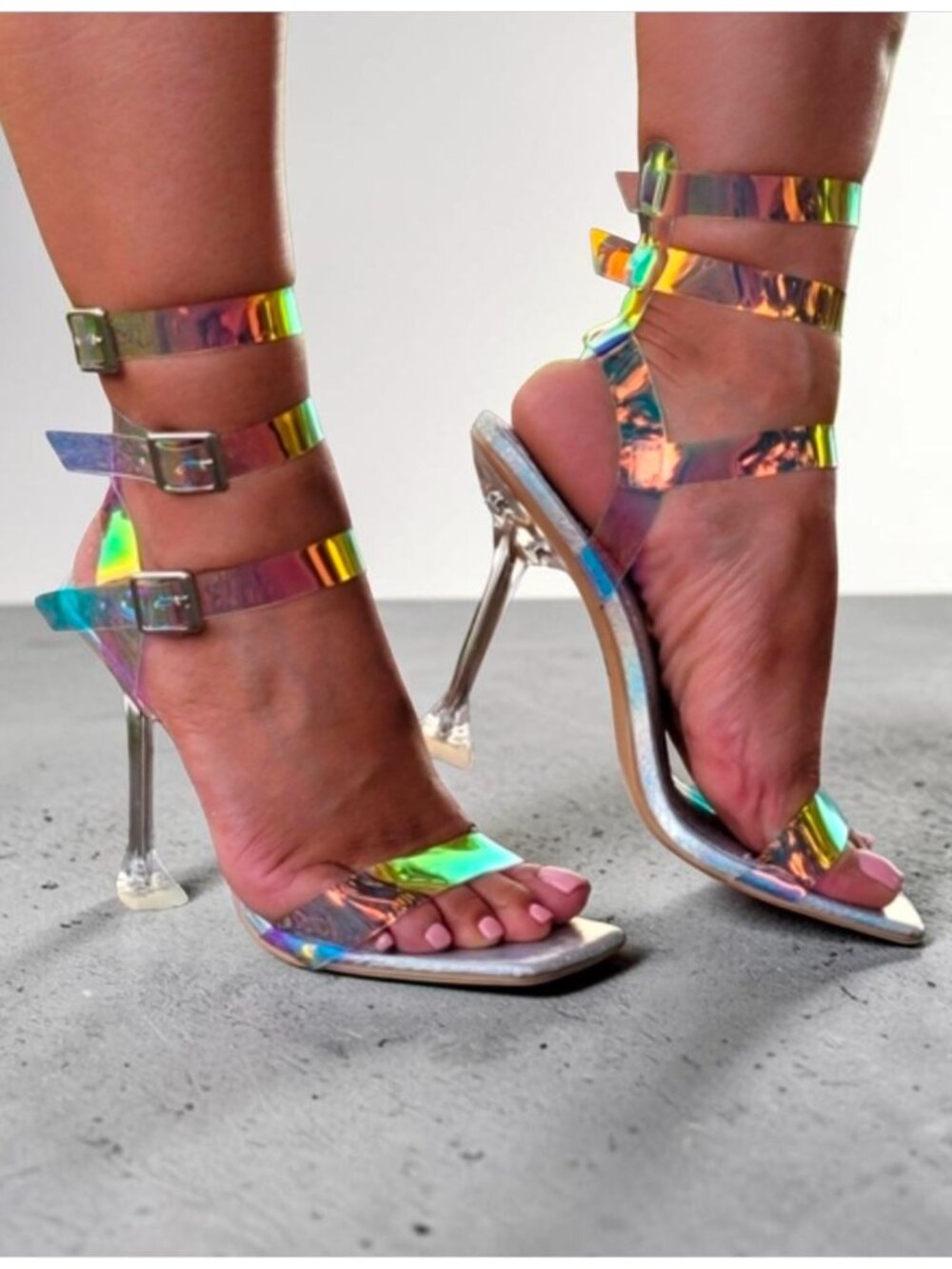 Holographic Strappy Heels With Clear Stiletto & Adjustable Buckles For Women